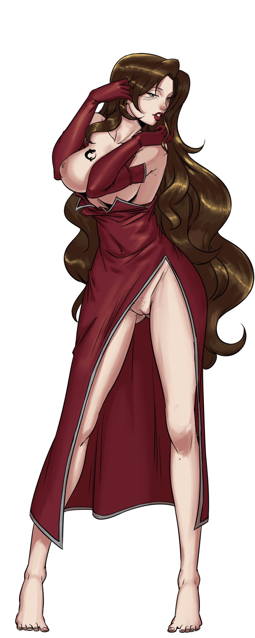 bare_shoulders barefoot breast_tattoo breasts breasts_out brown_eyes brown_hair cg cleavage cleft_of_venus dress earrings elbow_gloves eyeshadow female female_pubic_hair full_body gloves green_background hentai_heroes huge_breasts jewelry kinkoid large_breasts lipstick lissa_(hentai_heroes) long_hair looking_at_viewer lust_(fullmetal_alchemist) makeup nail_polish nipple_piercing nipples no_bra no_panties official_art parody piercing pubic_hair pussy red_dress red_eyes red_gloves red_lips simple_background solo standing tattoo thighs toenail_polish toenails toes uncensored very_long_hair