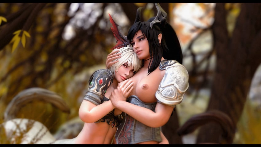 2girls black_hair black_hair_female breast_grab centaur centauress corset esqut exposed_breasts female female/female forest hand_on_breast hand_on_head holding_hands light-skinned_female light_skin outdoors taur white_hair white_hair_female woods