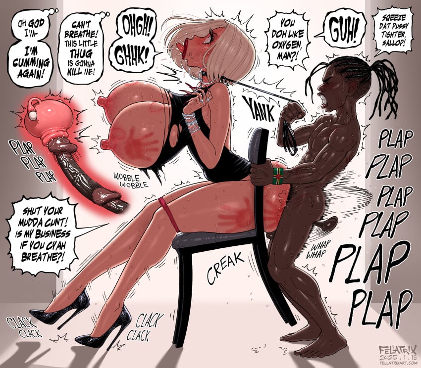 1boy 1female 1female1male acrylic_nails blonde_hair cervix_kiss choking courtney_(fellatrix) english_text fellatrix handprint high_heels interracial jewelry leash_and_collar long_penis marks_on_body pulling_leash ripped_clothing ripped_dress sex_on_chair spank_marks swinging_balls tagme x-ray