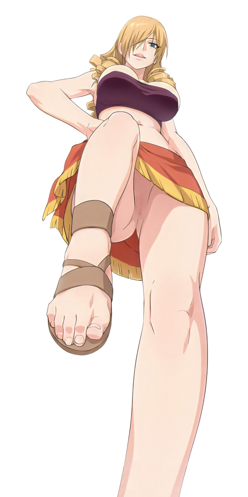 1girls big_breasts blonde_hair blue_eyes breasts bursting_breasts busty censored cleavage confident drill_hair feet female female_only from_below hair_over_one_eye half-closed_eyes hand_on_hip highres imminent_stomping large_breasts legs looking_at_viewer mature mature_female mature_woman medium_hair midriff mushiro_(nijie728995) naughty_face navel no_panties oriana_thompson parted_lips pose posing pussy sarong seductive seductive_look seductive_smile sexy sexy_pose smile source_request tank_top teeth thighs to_aru_majutsu_no_index tongue