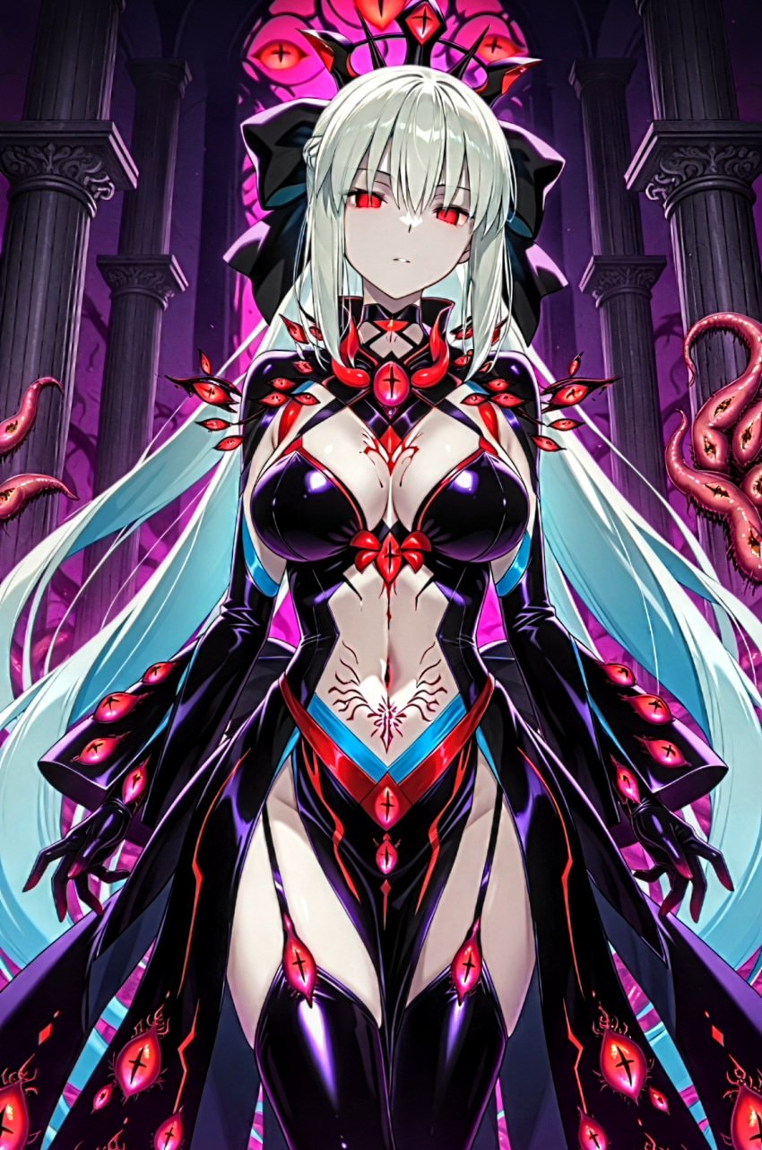 ai_generated bangs bow castle cold_expression columns corruption crown dress eyes fate/grand_order fate_(series) french_braid garter_straps gloves large_breasts long_hair morgan_le_fay_(fate) pubic_tattoo red_eyes sidelocks tattoo tentacle thick_thighs thighhighs valkris9 white_hair