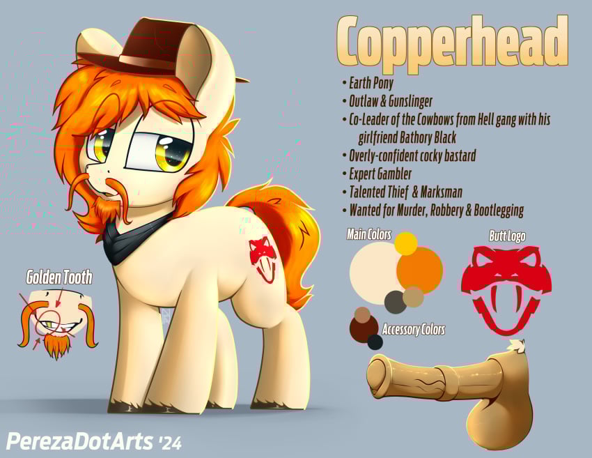animal_genitalia animal_penis clothing copperhead_(therealnarrowjungle) cowboy_hat cutie_mark earth_pony english_text equid equine equine_genitalia equine_penis eyebrow_through_hair eyebrows facial_hair fan_character feral fur genitals goatee gold_(metal) gold_tooth hair half-closed_eyes hasbro hat headgear headwear hi_res horse kerchief male mammal mane mane_hair medial_ring model_sheet moustache my_little_pony narrowed_eyes open_mouth orange_hair penis perezadotarts pony shaded simple_background smile solo tan_body tan_fur teeth teeth_showing text translucent translucent_hair vein veiny_penis yellow_eyes