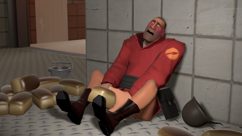 3d blowjob blush boots_without_bottomwear bottomless bread helmet_removed hiimsorry humping implied_sex male male_only object_sex sfm soldier_(team_fortress_2) source_filmmaker team_fortress_2