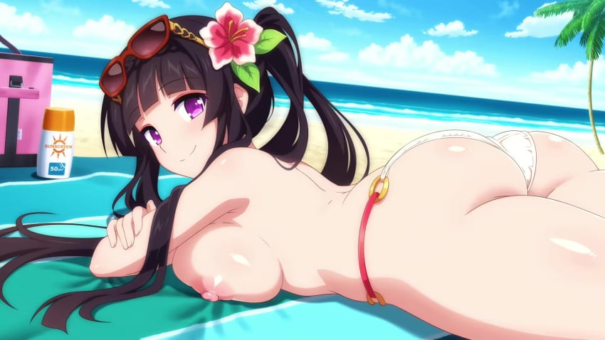 1girls anime_style areolae ass beach beach_towel bikini_bottom bikini_bottom_only bikini_top_removed black_hair breast_press breasts female game_cg hifumi_(sakura_succubus) looking_at_viewer looking_back nipples ocean on_stomach palm_tree purple_eyes sakura_succubus smiling smiling_at_viewer solo_female sunglasses sunglasses_on_head sunscreen towel twintails wanaca water winged_cloud