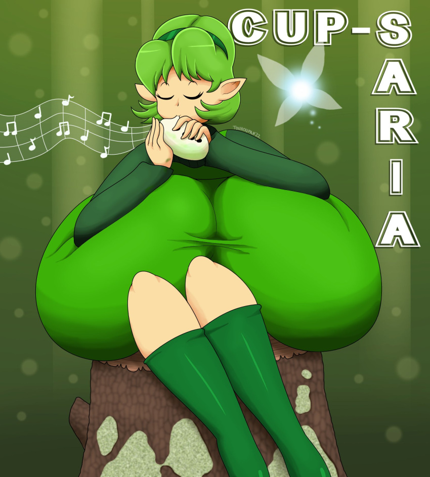 1girls closed_eyes elf_ears english_text fairy green_hair hairband hyper_breasts musical_note nintendo ocarina ocarina_of_time playing_music saria short_green_hair short_hair sitting sitting_on_tree_stump solo text the_legend_of_zelda the_legend_of_zelda:_ocarina_of_time top_heavy touhoufan tree_stump