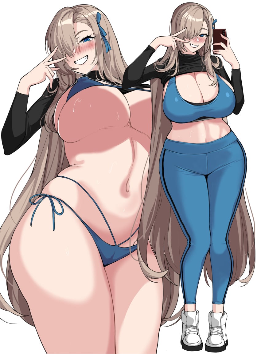 1girls 2022 absurd_res asuna_(blue_archive) bikini blonde_hair blue_archive blue_bikini blue_eyes blue_sports_bra blue_yoga_pants blush breasts cleavage drogod_(artist) female female_only hair_over_one_eye hips holding_object huge_breasts long_hair peace_sign phone selfie side-tie_bikini simple_background slim_waist smile sports_bra sportswear thick_thighs thighs underboob very_long_hair wide_hips yoga_pants