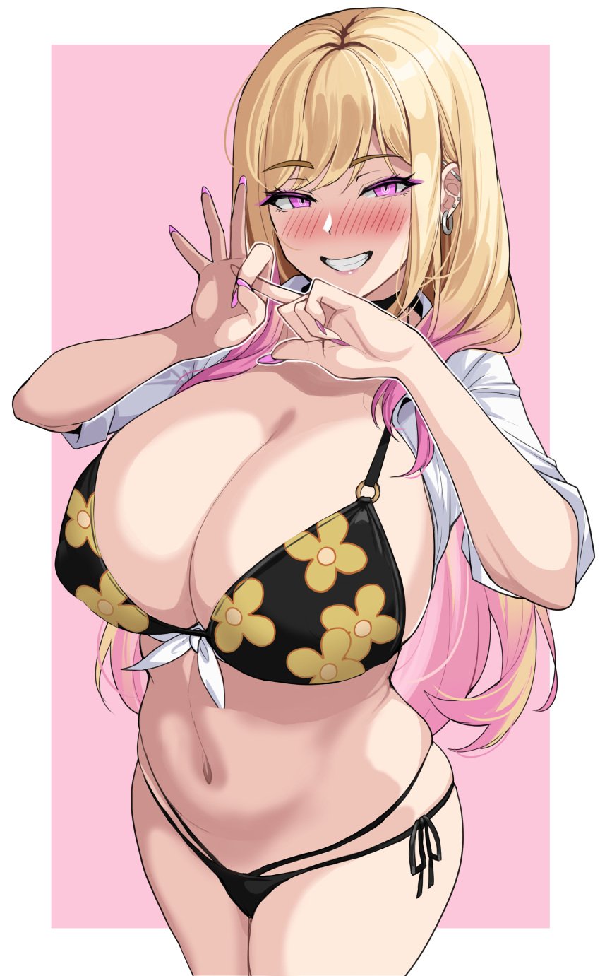 1girls 2022 absurd_res alternate_eye_color bikini black_bikini blonde_hair breasts cleavage drogod_(artist) ear_piercing female female_only flower_pattern gyaru huge_breasts kitagawa_marin long_hair looking_at_viewer naughty_face purple_hair sex_gesture side_tie_bikini simple_background smile sono_bisque_doll_wa_koi_wo_suru suggestive_gesture suggestive_look two_tone_hair