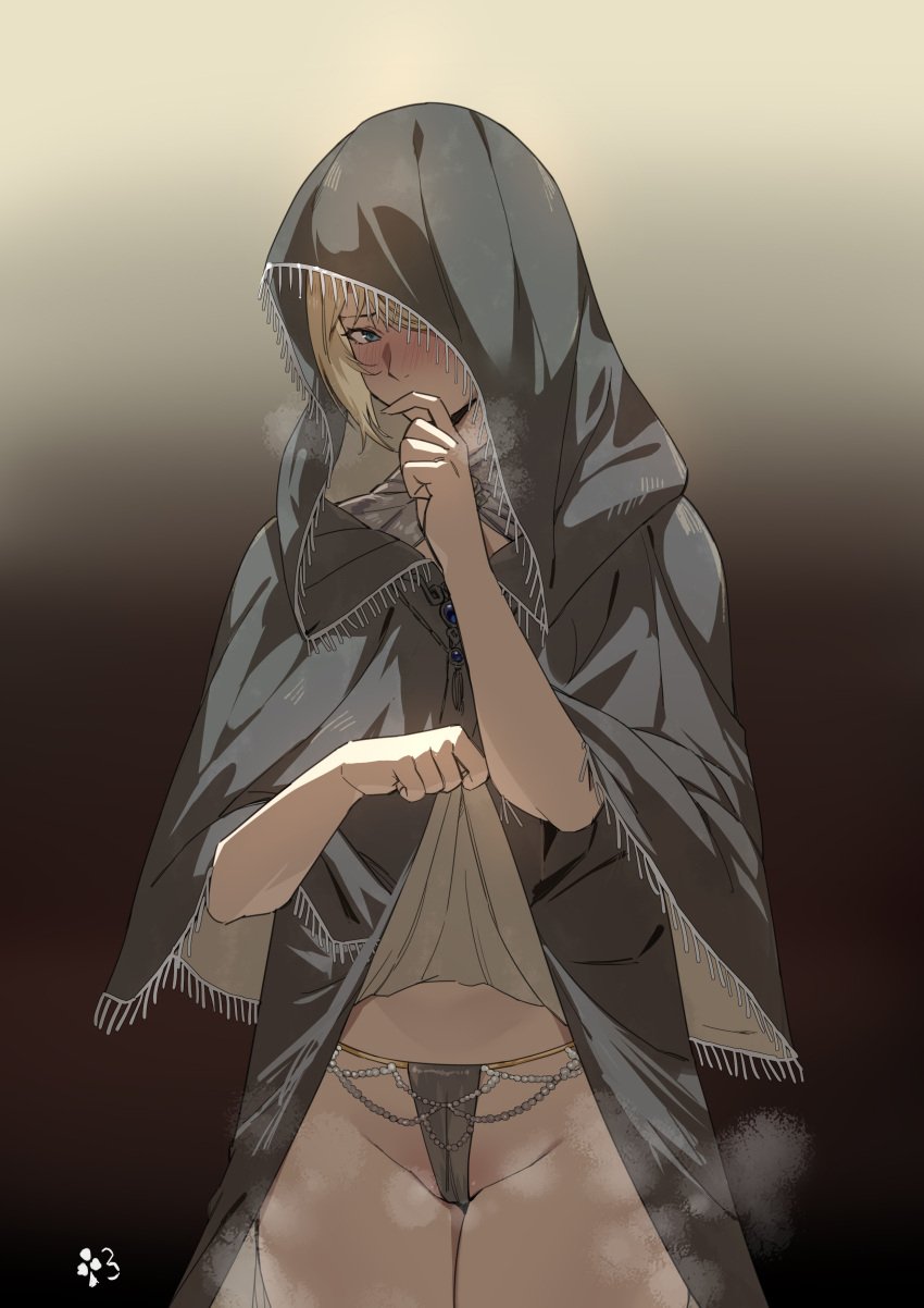 1girls absurd_res black_cloak black_panties black_underwear blonde_hair blue_eyes blush cloak clothing club3 covering_mouth cowboy_shot deathbed_smalls elden_ring female female_only fia_the_deathbed_companion fromsoftware gradient gradient_background groin hair_over_one_eye hand_up hi_res hood hood_up lifted_by_self looking_at_viewer nanaya_(daaijianglin) panties solo standing underwear