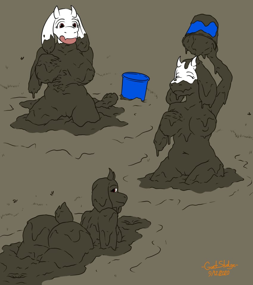 2020 anthro ass big_breasts big_butt boss_monster bovid breasts bucket caprine closed_eyes container female genitals goatsludge hand_on_breast hi_res horn looking_at_viewer looking_back looking_back_at_viewer mammal mature_female mud mud_covered muddy navel nipples nude pussy solo toriel undertale undertale_(series) video_games