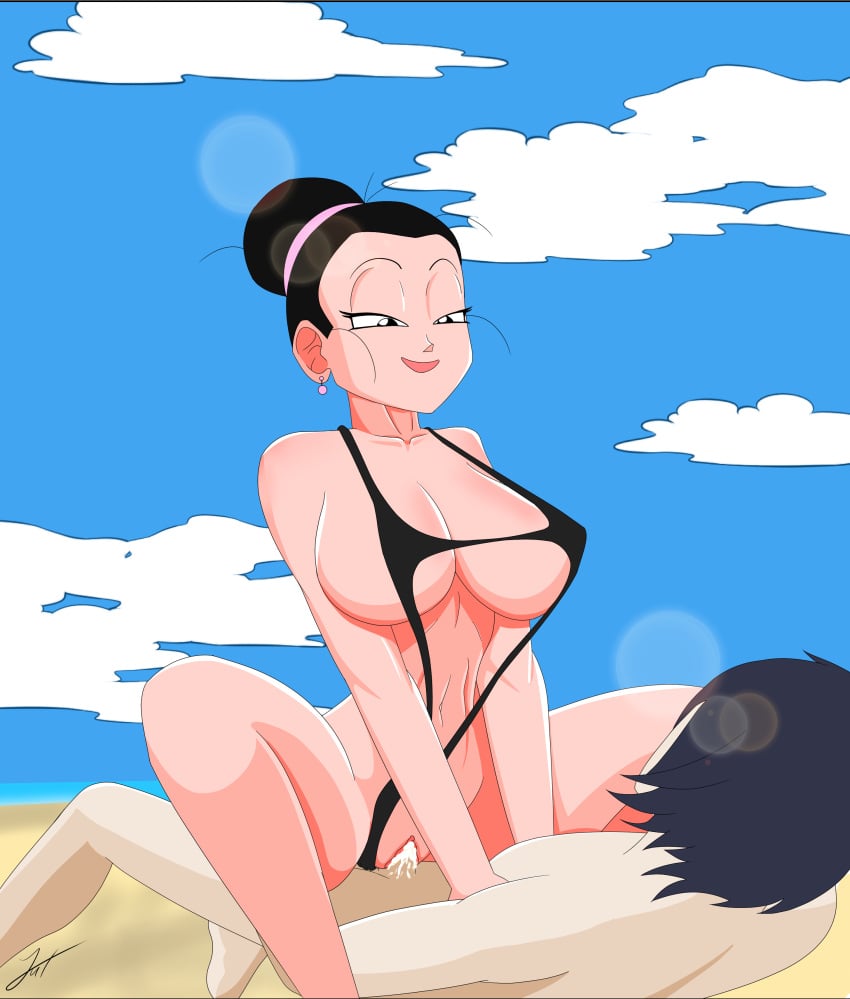 1boy 1girls beach big_ass big_breasts big_butt big_penis chichi cum cum_in_pussy cum_inside dragon_ball dragon_ball_super dragon_ball_z jukuta light-skinned_female light_skin missionary_position smile sunlight swimsuit unseen_male_face vaginal_penetration