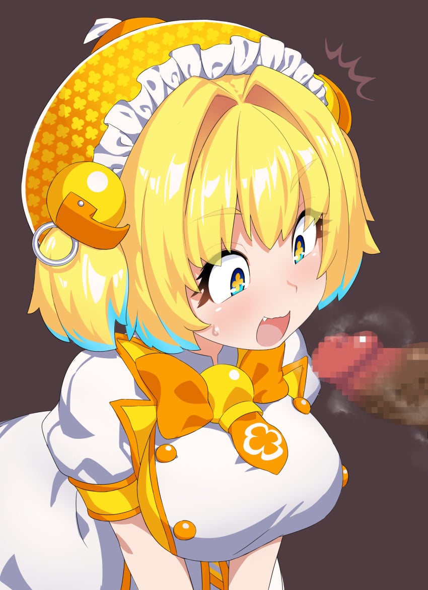 +_+ :d bangs black_background blonde_hair blue_eyes blue_hair bombergirl breasts censored clover-shaped_pupils clover_print colored_tips cute_fang erection female grenade_hair_ornament highres large_breasts looking_at_penis mizumizuni mosaic_censoring multicolored_hair oerba_yun_fang open_mouth oral orange_headwear penis penis_awe pine_(bombergirl) short_hair short_sleeves simple_background smile solo_focus sweatdrop two-tone_hair two_side_up yellow_pupils