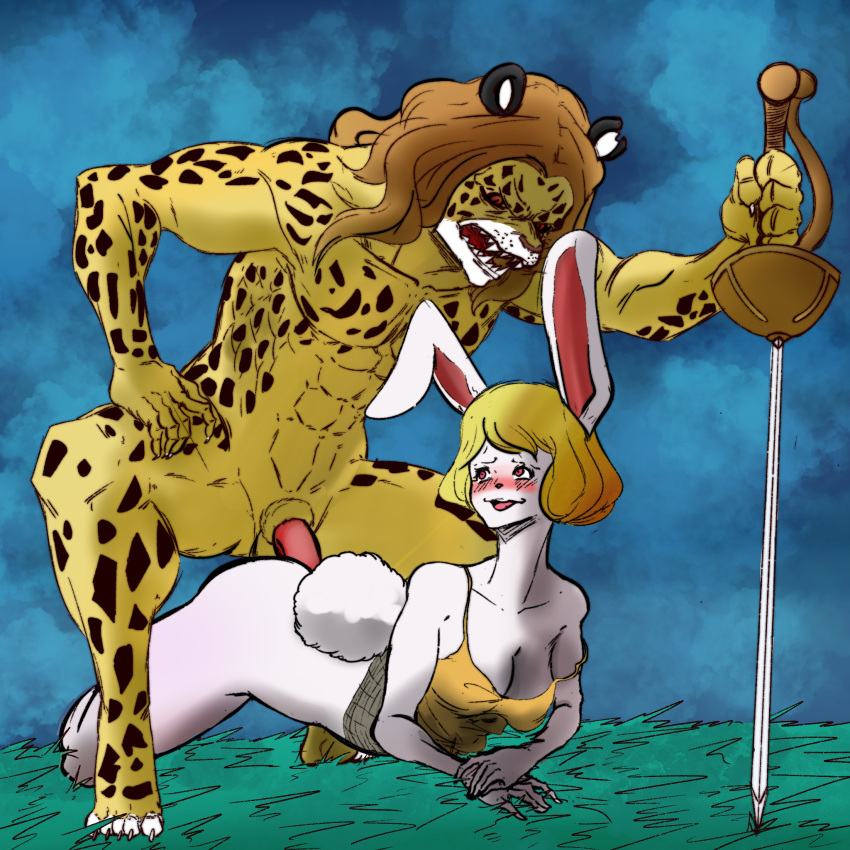 abs anthro blonde_hair blue_background blush carrot_(one_piece) claws crouching dominant dominant_male duo fangs felid female fur grass hair hi_res humanoid jaguar jumboliee lagomorph leporid male male/female mammal melee_weapon minkmen_(one_piece) muscular muscular_male nervous one_piece pantherine pedro_(one_piece) pedro_of_the_treetops penetration plant rabbit simple_background sword toe_claws weapon white_body white_fur yellow_body yellow_fur