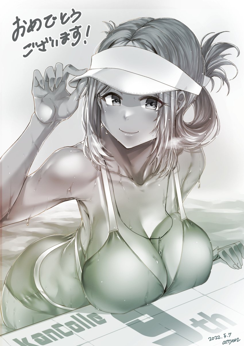 alternate_costume anniversary attyon bikini blush breasts cleavage dated female folded_ponytail greyscale hand_on_headwear hat highres kantai_collection katori_(kantai_collection) large_breasts looking_at_viewer monochrome partially_submerged ponytail sagging_breasts shiny shiny_skin signature smile solo swimsuit visor_cap water wet whistle whistle_around_neck