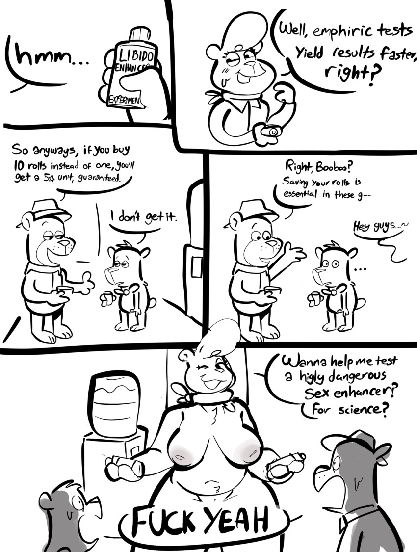 2022 anthro barely_visible_genitalia barely_visible_pussy black_and_white boo-boo_bear bow_tie bow_tie_only breasts cindy_bear clothing comic dialogue english_text female genitals group hanna-barbera hat headgear headwear hi_res jellystone_(hbo_max) male mammal monochrome mostly_nude nipples pussy samoyena scarf scarf_only sketch text trio ursid yogi_bear yogi_bear_(character)