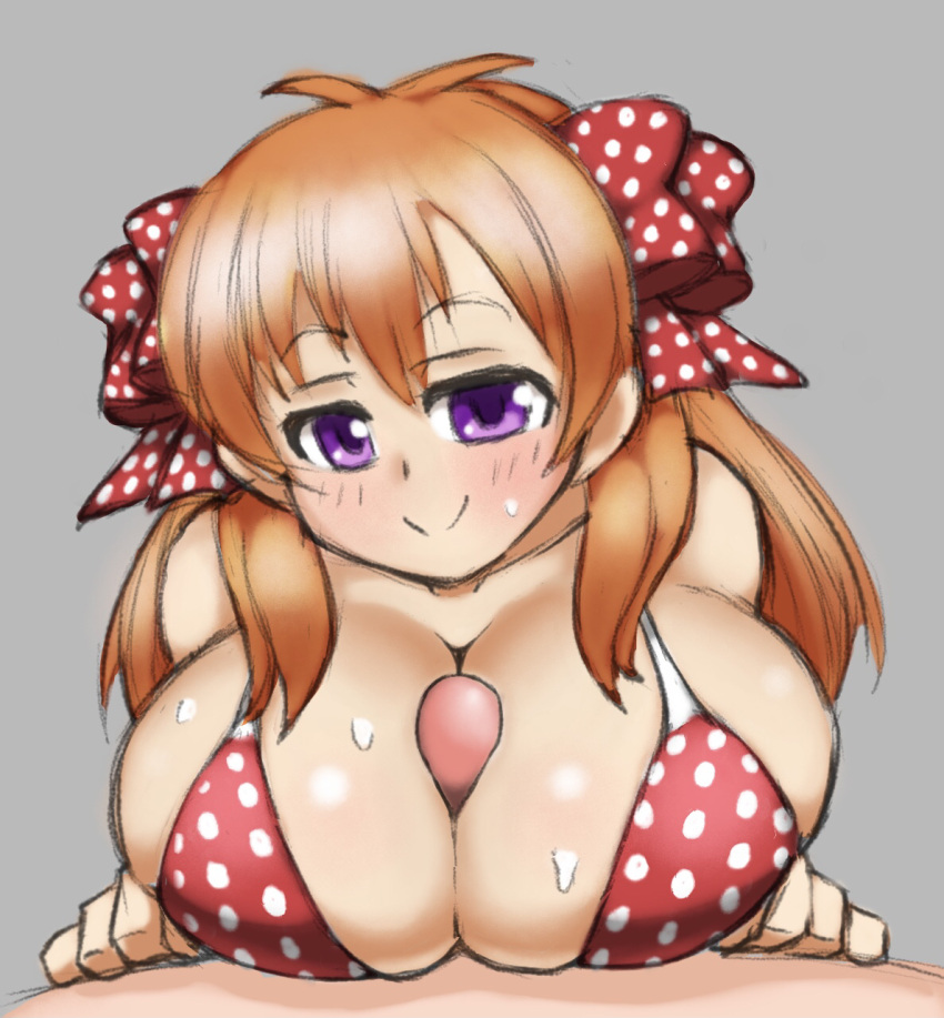 1boy 1girls alternate_breast_size areolae between_breasts big_breasts bikini blush blush_lines breast_squeeze breasts dizner female gekkan_shoujo_nozaki-kun horny huge_breasts large_breasts light-skinned_female light_skin long_hair looking_at_partner looking_at_viewer orange_hair paizuri paizuri_lead_by_female paizuri_on_lap partially_clothed pleasure_face polka_dot_bikini polka_dot_ribbon pov pov_eye_contact purple_eyes red_bikini red_ribbon ribbon sakura_chiyo sex shiny_hair shiny_skin smirk straight straight_sex sweat sweatdrop