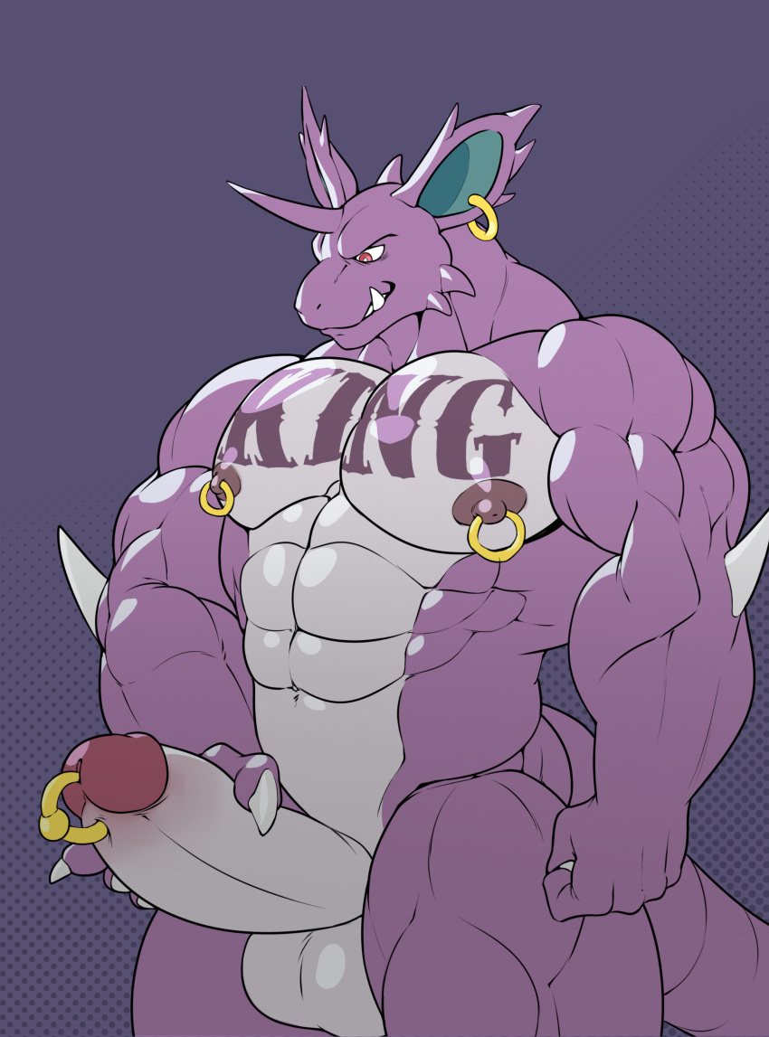 2020 abs absurd_res anthro anthrofied balls big_muscles big_penis bwcat ear_piercing erection genital_piercing genitals hi_res humanoid_genitalia humanoid_penis male male_only muscular muscular_male nidoking nintendo nipple_piercing nipples pecs penis penis_piercing piercing pokemon pokemon_(species) prince_albert_piercing purple_eyes solo standing tattoo video_games