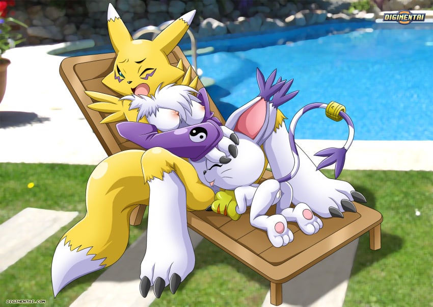 2girls anal_fingering anthro ass bbmbbf breasts closed_eyes digihentai digimon female female/female female_only finger_in_ass fingering furry gatomon licking licking_pussy one_eye_closed open_mouth palcomix pussy renamon tongue yuri