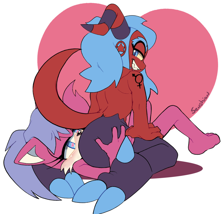 <3_eyes abstract_background absurd_res anthro ass blue_eyes blue_hair blush butt_grab canid canine canis digital_drawing_(artwork) digital_media_(artwork) duo facesitting fan_character female female/female female_on_bottom female_on_top fur hair half-closed_eyes hand_on_butt heart hi_res kate_the_wolf mammal muscular muscular_female narrowed_eyes on_bottom on_top pink_body pink_fur ponytail red_body scarlet_the_zeti sega senshion signature sonic_(series) sonic_the_hedgehog_(series) transgender_symbol wolf yuri zeti