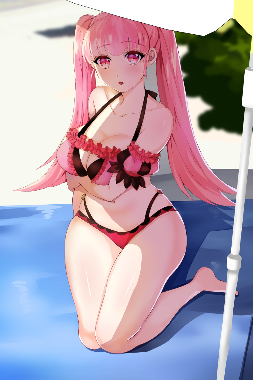 1girls alternate_costume bikini breasts cleavage female female_only fire_emblem fire_emblem:_three_houses fire_emblem_heroes hilda_valentine_goneril hilda_valentine_goneril_(summer) large_breasts nintendo official_alternate_costume outdoors pink_bikini pink_eyes pink_hair pink_swimsuit reward_available solo swimsuit tara_(szzj7733)