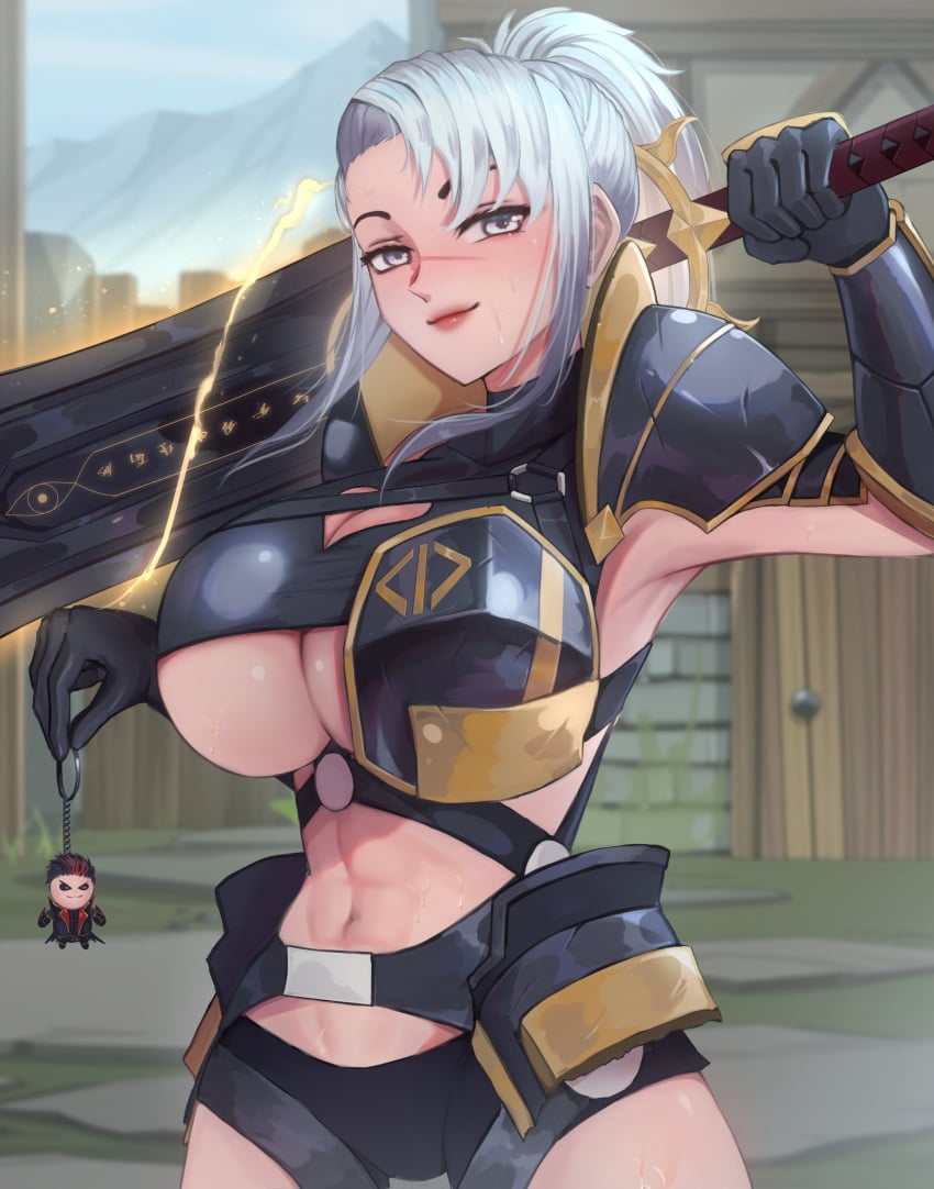 1girls abs adventurequest_worlds aqw aqworlds armor artix_entertainment big_breasts boobs cleavage curvy curvy_female darkon_(aqw) detailed_background digital_drawing_(artwork) digital_media_(artwork) female female_focus female_only fully_clothed great_sword holding_object holding_weapon keychain large_breasts looking_at_viewer lovertee muscular muscular_female pony_tail revealing_clothes scar silver_hair smile smiling_at_viewer solo suki_(aqw) sweat sword underboob weapon white_hair wide_hips