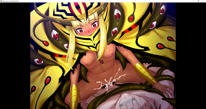 blonde_hair blush cum_in_pussy cumshot dark-skinned_female dark_skin dieselmine female_on_top hastur medium_breasts monmusu_conquered_world mosaic_censoring red_eyes riding_penis screenshot sex surprised surprised_expression visual_novel