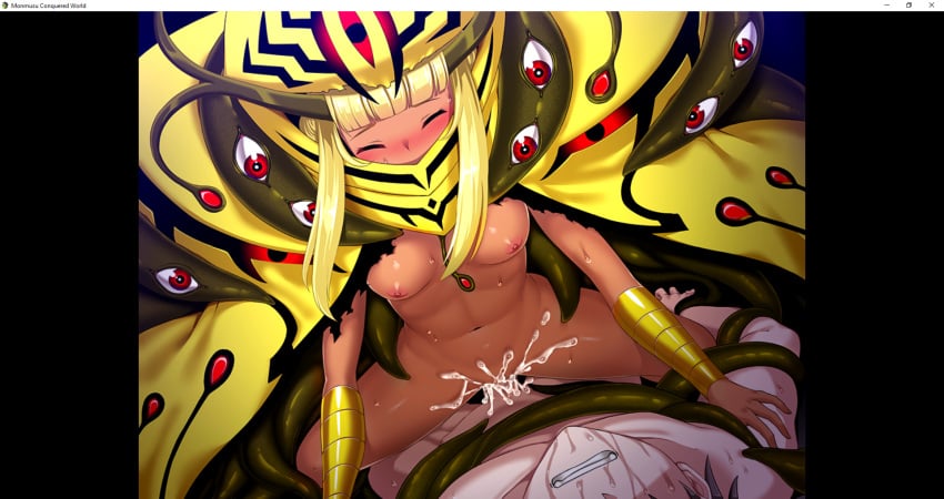 blonde_hair blush closed_eyes cum_in_pussy cumshot dark-skinned_female dark_skin dieselmine female_on_top hastur medium_breasts monmusu_conquered_world mosaic_censoring red_eyes riding_penis screenshot sex surprised surprised_expression visual_novel