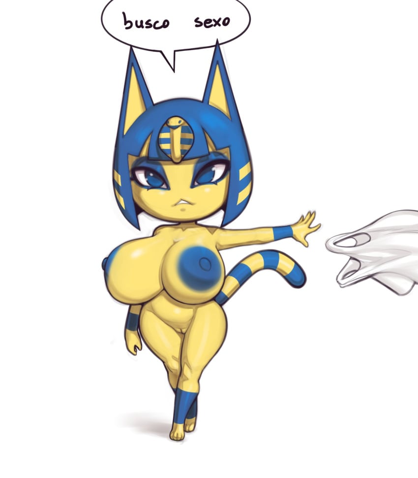 2022 animal_crossing ankha big_breasts breasts egyptian female mystical nintendo nipples no_bra no_panties nude nude_female plantpenetrator pussy removing_clothing shortstack spanish_text speech_bubble thick_thighs thighs undressing white_dress