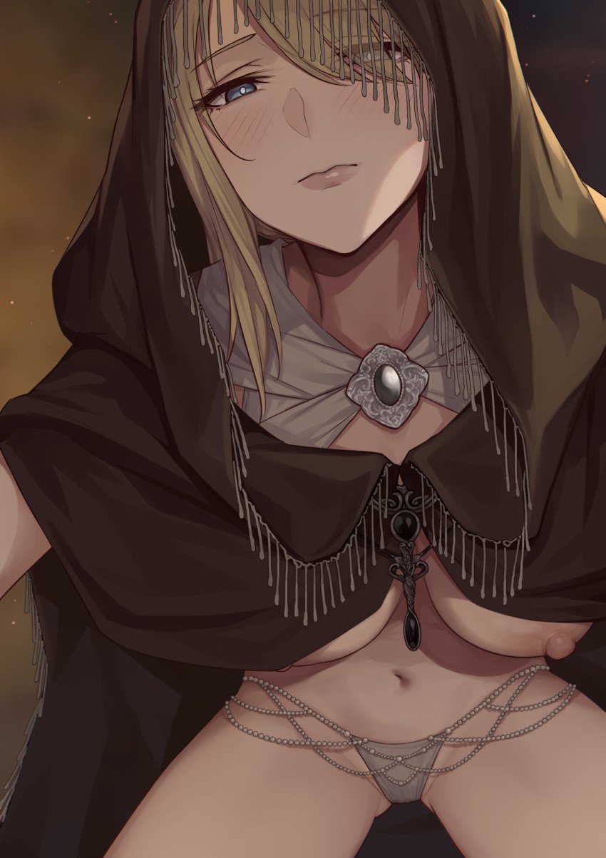 blonde_hair blush breasts_out cloak deathbed_smalls elden_ring evan_yang female female_only fia_the_deathbed_companion fromsoftware hair_over_one_eye hood leaning_forward looking_at_viewer panties solo white_panties