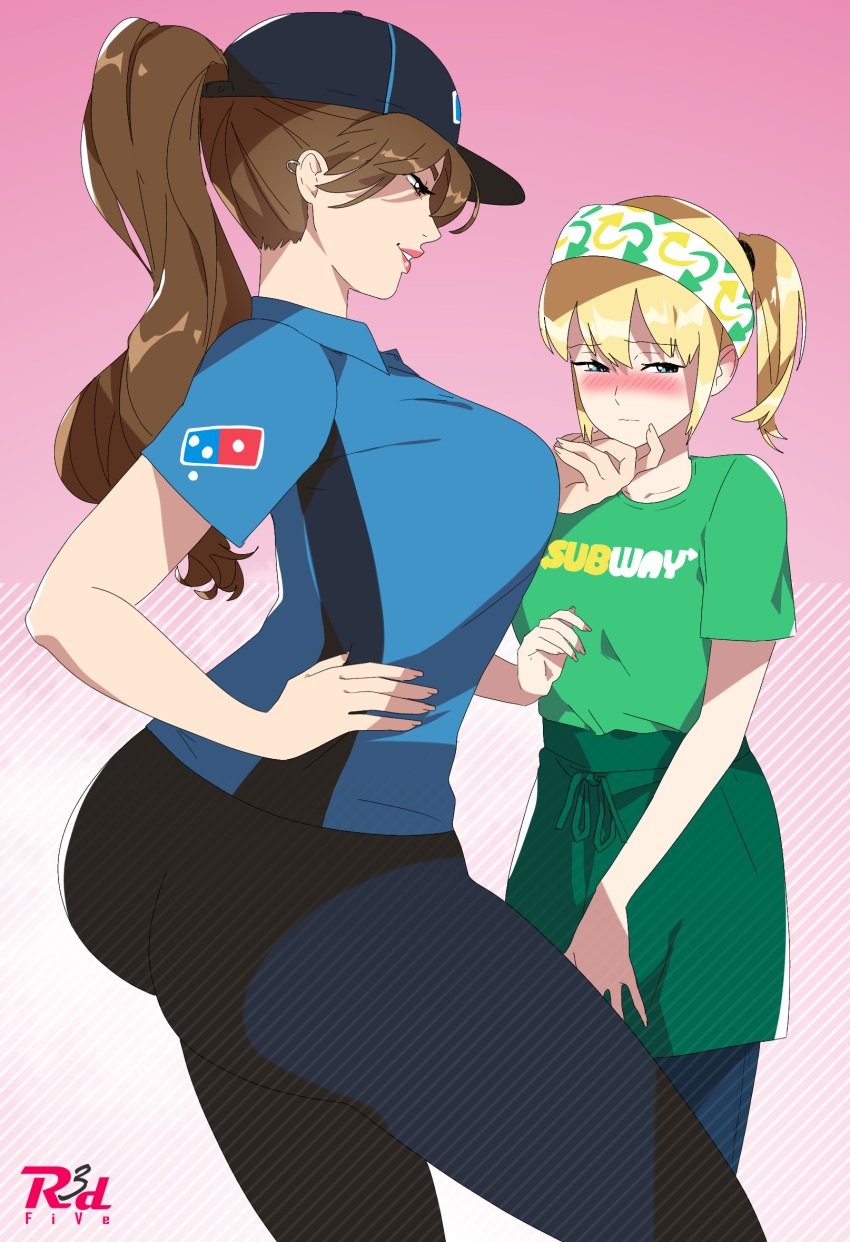 2022 2girls apron artist_logo artist_signature big_breasts blonde_hair blue_eyes blush breast_envy breast_size_difference breasts brown_eyes brown_hair clothed clothed_female color colored company_logo dominant_female domino's_pizza duo fast_food_employee fast_food_uniform female female_focus female_only femdominos fully_clothed hand_on_face hand_on_hip hat headband height_difference hi_res hips huge_breasts human humanized imminent_sex large_breasts light-skinned_female long_ponytail multiple_girls naughty_face ponytail pun r3dfive short_hair sideboob signature simple_background size_difference slim_waist small_breasts smile sub_subway submissive_female subway_(franchise) subway_uniform thick_thighs thighs tight_clothing tight_fit uniform watermark wide_hips yuri