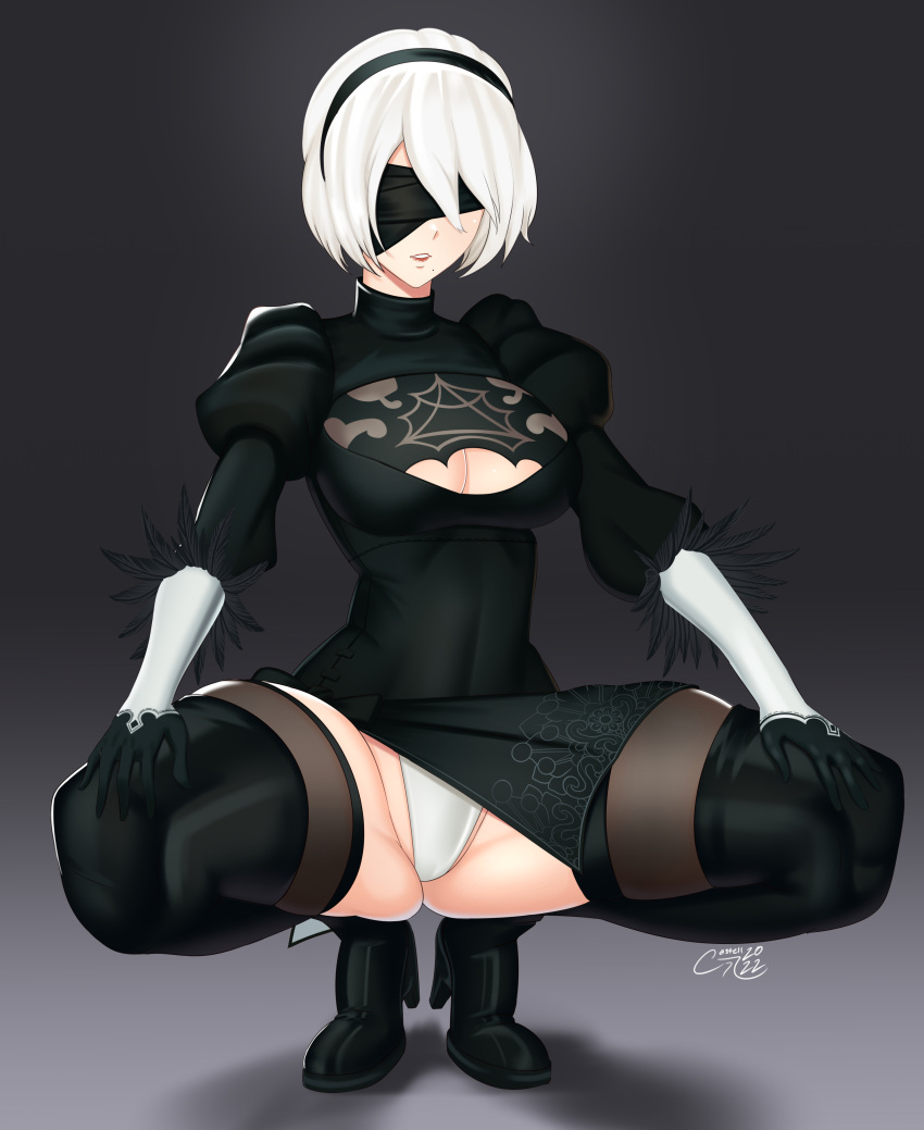 1girls blindfold breasts castell cleavage curvaceous curvy curvy_body curvy_female curvy_figure curvy_hips female female_focus female_only heels medium_breasts nier:_automata short_hair slim_waist solo solo_female squatting thick_thighs thighs voluptuous white_hair wide_hips yorha_2b