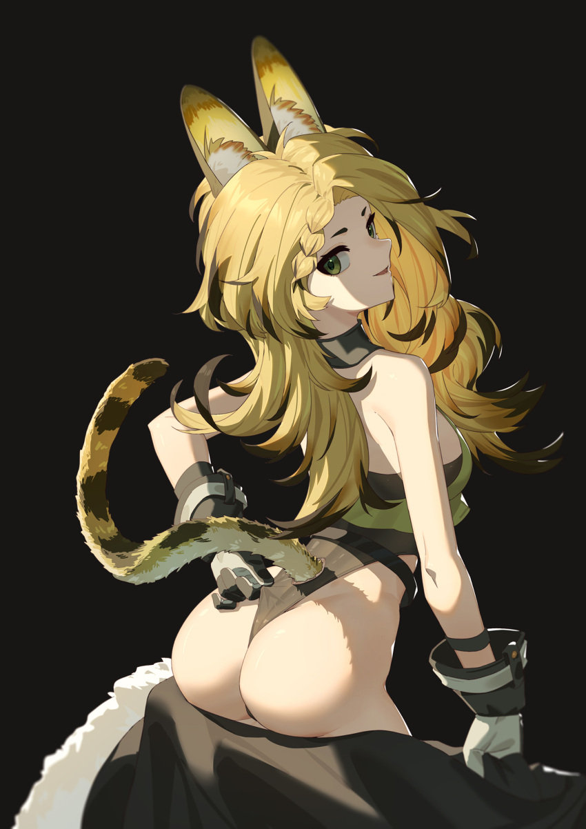 :d animal_ear_fluff animal_ears arknights ass bare_arms bare_shoulders black_background black_hair blonde_hair braid cat_ears cat_tail commentary female female from_behind gloves grey_eyes highres long_hair looking_at_viewer looking_back multicolored_hair open_mouth parted_lips quercus_(arknights) shirt simple_background sleeveless sleeveless_shirt smile solo streaked_hair tail yellow_shirt zidu_(9478296)