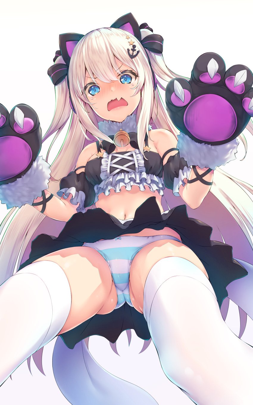 1girls azur_lane bell blue_eyes blue_striped_panties blush cat_ears cat_ornament eagle_union_(azur_lane) female female_only hair_ornament hammann_(azur_lane) hammann_(hammanyan_pawnch!)_(azur_lane) light-skinned_female light_skin long_hair looking_down maid_outfit nakazawa_aki navel open_mouth socks solo solo_female striped_panties thighs underwear white_background white_hair white_socks