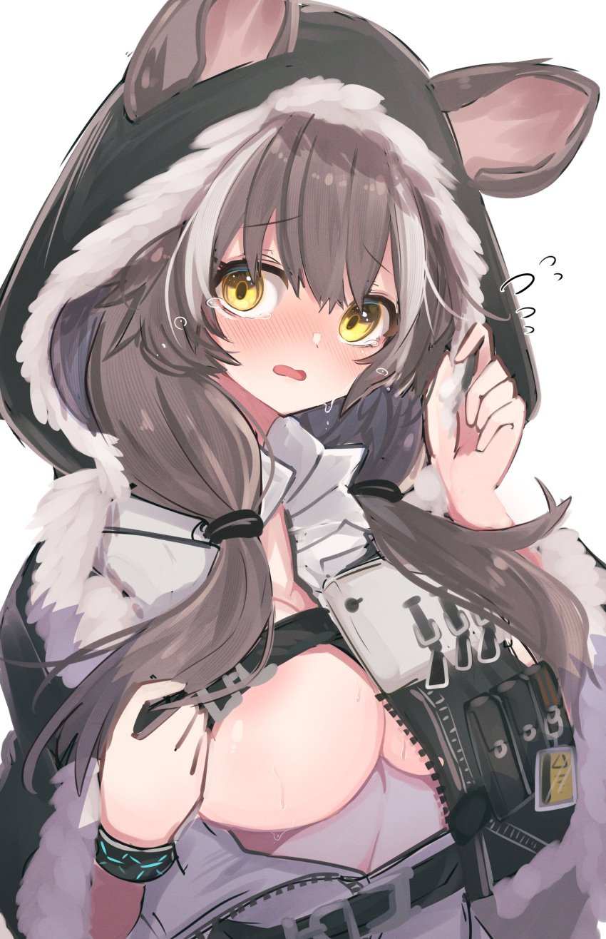 absurdres areola_slip areolae arknights black_capelet blush breasts brown_eyes brown_hair capelet ears_through_headwear female fur-trimmed_capelet fur_trim highres honeyberry_(arknights) hood hood_up hooded_capelet jacket kurarome large_breasts long_hair looking_at_viewer open_mouth smile solo tears underboob upper_body white_background