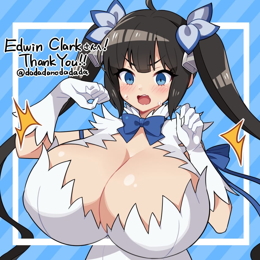 1girls black_hair blue_eyes breast_expansion clothed dadadanoda dungeon_ni_deai_wo_motomeru_no_wa_machigatteiru_darou_ka female hestia_(danmachi) huge_breasts light-skinned_female solo tagme twintails upper_body