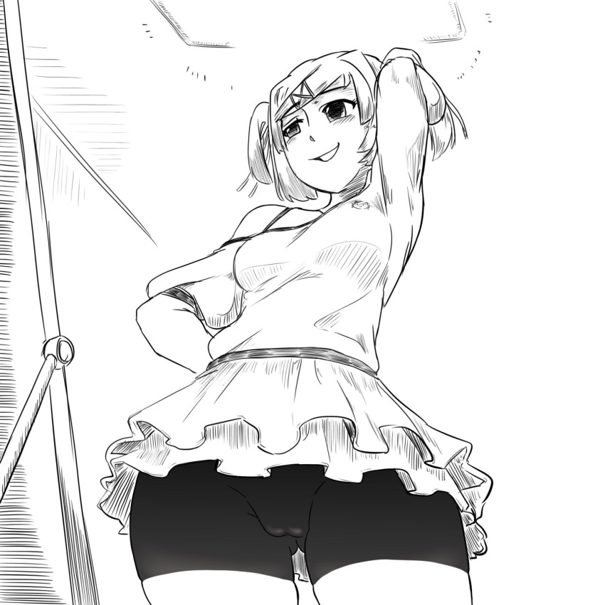 cameltoe compression_shorts doki_doki_literature_club frilled_skirt frilly_skirt kaxiota natsuki_(doki_doki_literature_club) pussy_visible_through_clothes sketch skirt spandex spandex_shorts spats spats_under_skirt sports_shorts uncolored