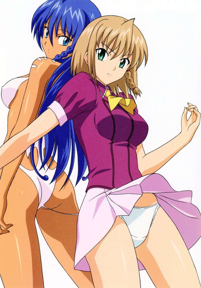 1990s_(style) 2girls absurdres agent_aika aika_r-16 aika_sumeragi ascot ass back-to-back blue_eyes blue_hair breasts brown_hair chocolate_and_vanilla dark-skinned_female dark_skin dual_persona female female_only green_eyes highres human light-skinned_female light_skin long_hair multiple_girls nipples_visible_through_bikini nipples_visible_through_clothing official_art panties pantyshot retro_artstyle shivie_aika short_hair simple_background skirt skirt_up standing straight_hair tanned thick_thighs ultranite underwear v-shaped_eyebrows white_background wide_hips yamauchi_noriyasu yellow_ascot