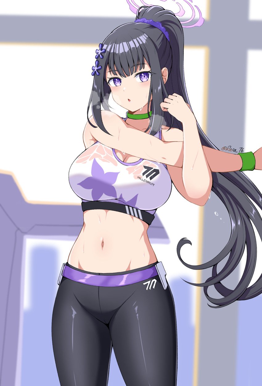 athletics_training_club_(blue_archive) bangs bare_shoulders big_breasts black_hair blue_archive breasts breath choker cleavage collarbone cowboy_shot crop_top eyebrows_visible_through_hair female green_choker hair_ornament hair_scrunchie halo heavy_breathing highres huge_breasts large_breasts long_hair looking_at_viewer midriff millennium_science_school_logo_(blue_archive) millennium_science_school_student muscular muscular_female navel pants parted_lips ponytail public purple_eyes reia_76 scrunchie sidelocks solo sports_bra standing stomach stretch sumire_(blue_archive) sweat sweaty_clothes very_long_hair visible_breath