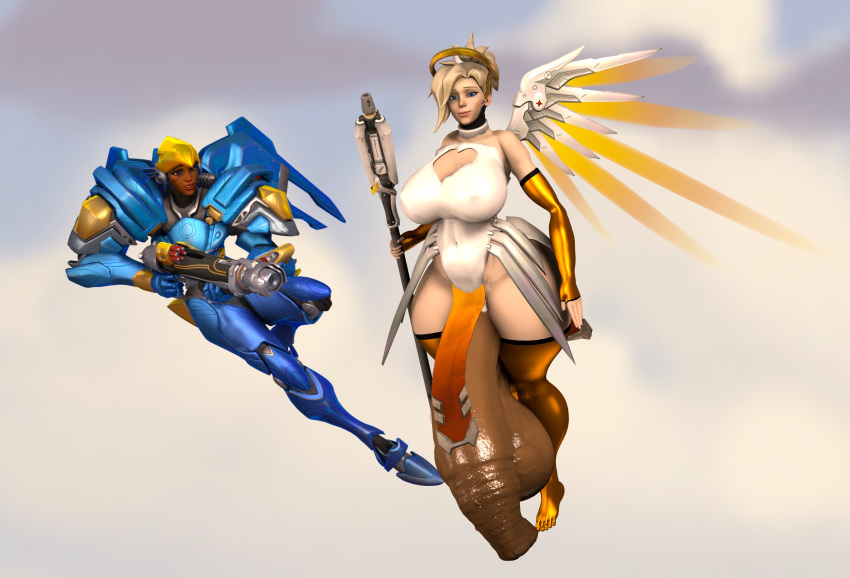 3d balls big_balls big_breasts breasts foreskin futanari gigantic_penis huge_balls huge_breasts huge_cock huge_penis huge_testicles large_breasts mercy nipple_bulge overwatch penis pharah shannonthefempyro thick_thighs thighhighs veiny_testicles