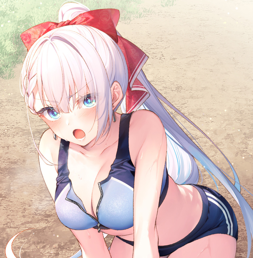 :o alternate_version_available angry bare_arms bare_shoulders bent_over big_breasts black_buruma blue_eyes bow braid breasts breathing buruma cleavage collarbone crop_top earrings exercise exhausted female frown hairbow hands_on_own_knees heavy_breathing highres huge_breasts jewelry large_breasts long_hair looking_at_viewer loose_clothes midriff navel open_mouth piercing ponytail riselia_ray_crystalia seiken_gakuin_no_maken_tsukai shirt short_hair sidelocks sleeveless sleeveless_shirt solo sports_bra sportswear standing stomach sweat sweating sweaty_body thick_thighs tied_hair toosaka_asagi unzipped v-shaped_eyebrows very_long_hair visible_breath wet white_hair zipper