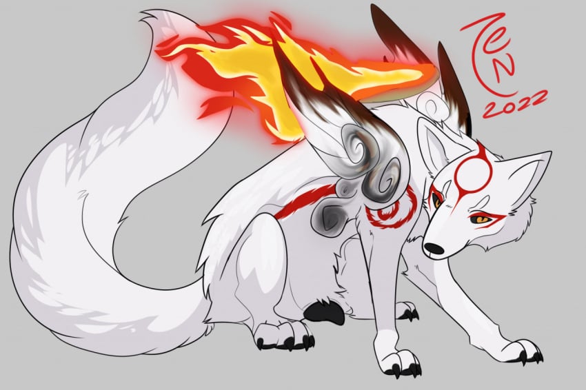 amaterasu anatomically_correct anatomically_correct_genitalia anatomically_correct_pussy animal_genitalia animal_pussy black_eyes black_nose black_pussy canid canine canine_pussy canis capcom claws dated deity female feral fur genitals in_heat looking_at_viewer mammal markings okami paws plump_labia pussy red_body red_fur signature simple_background solo video_games white_body white_fur wolf yellow_sclera zeniarmr