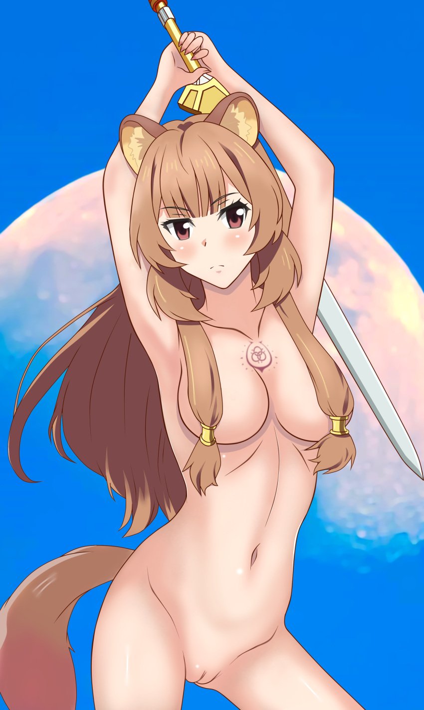 1girls absurdres achmad_faisal animal_ears arms_up blush breasts brown_hair chest_tattoo female frown hair_censor hair_over_breasts highres long_hair looking_at_viewer moon nipples nude outdoors pink_eyes pubic_hair pussy raccoon_ears raccoon_girl raccoon_tail raphtalia solo sword tail tate_no_yuusha_no_nariagari tattoo weapon weapon_behind_back