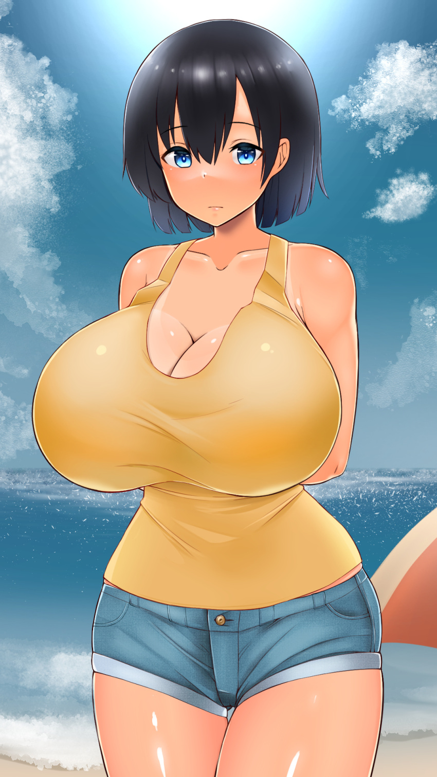 1girls beach breasts_bigger_than_head huge_breasts shorts tagme zabutonnexactly