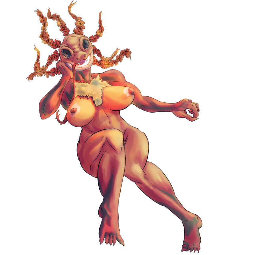 3_fingers big_ass big_breasts big_muscles black_eyes coloured comission ehco god goddess hairy long_tongue lovecraft lovecraftian lovecraftian_(genre) monster_girl open_mouth red_body red_skin render scales scalie serpent snake snake_girl yellow_fur yiig