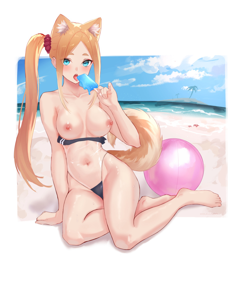 absurdres animal_ears aqua_eyes areolae ball bangs barefoot beachball blush breasts breasts_out cleavage cloud commentary covered_navel dog_ears dog_girl dog_tail english_commentary female female_only food fran_(gudanco_(nyanmeowzer)) full_body gris_swimsuit gudanco_(nyanmeowzer) hair_behind_ear highres holding holding_food island long_hair looking_at_viewer meme meme_attire nipples one-piece_swimsuit open_mouth original palm_tree parted_bangs popsicle revealing_clothes side_ponytail sitting sky smile solo strapless strapless_swimsuit swimsuit tail thick_eyebrows toes tongue tongue_out tree yokozuwari