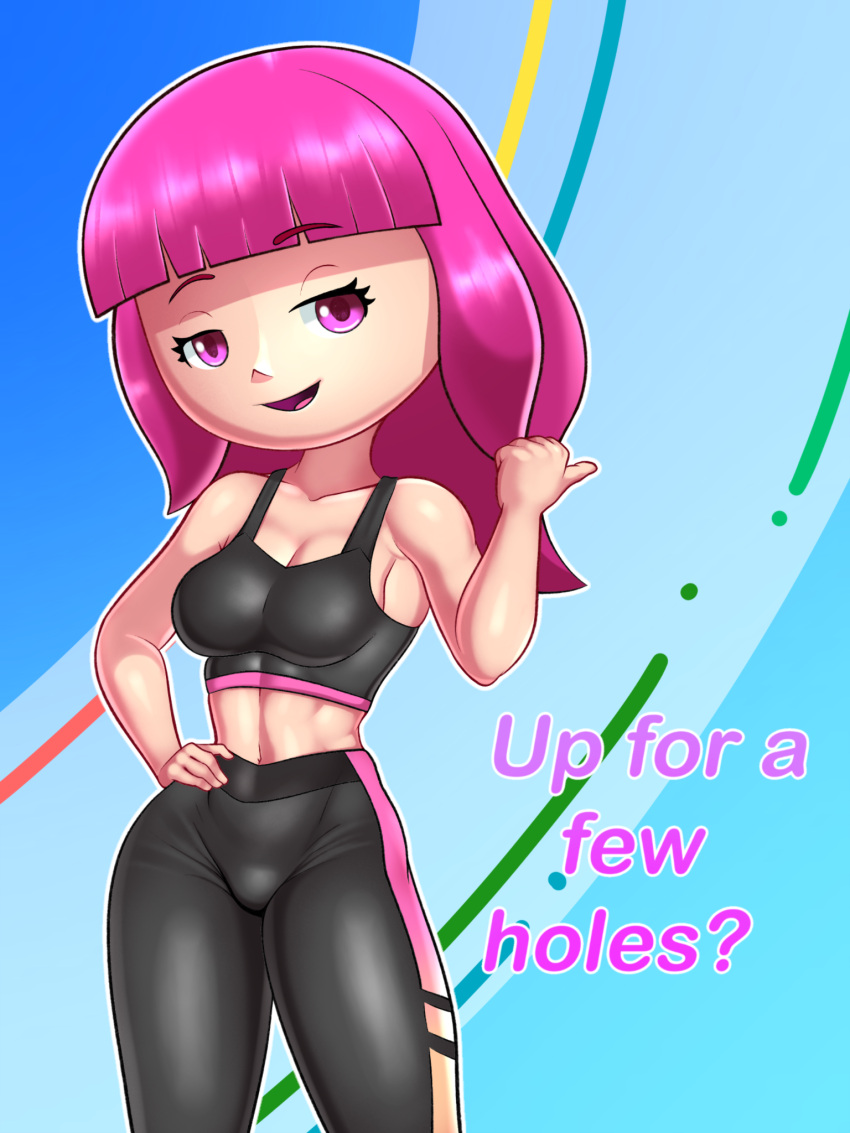 1girls alternate_version_available athletic athletic_female bottomwear breasts clothed clothing eyebrows_visible_through_hair eyelashes female female_focus female_only half-closed_eyes hand_on_hip hi_res highres light-skinned_female light_skin long_hair medium_breasts nintendo nintendo_switch_sports open_smile pink_eyes pink_hair png simple_background sleepiitreat smile smiling solo solo_focus sports_bra sportsmate sportswear suggestive switch_sports talking_to_viewer text tight_clothing toned toned_female topwear