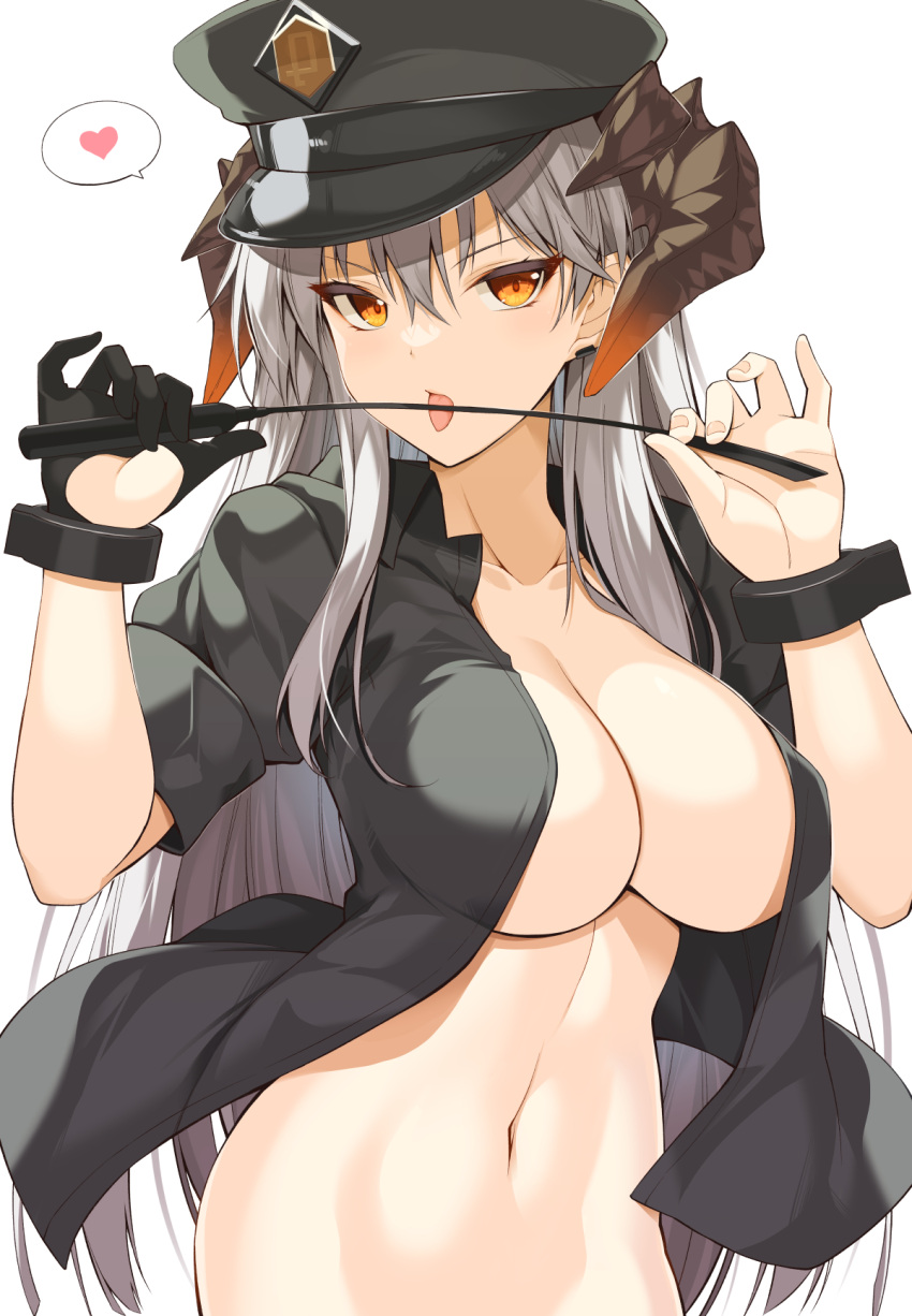 arknights bangs black_gloves black_headwear black_shirt breasts cleavage collarbone cuffs earrings eyebrows_visible_through_hair female gloves hat heart highres holding jewelry large_breasts long_hair looking_at_viewer naked_shirt navel no_bra official_alternate_costume ohta_yuichi open_clothes open_mouth open_shirt orange_eyes peaked_cap prison_guard prison_guard_uniform riding_crop saria_(arknights) saria_(the_law)_(arknights) shackles shirt short_sleeves silver_hair simple_background single_glove solo speech_bubble spoken_heart stomach tongue tongue_out upper_body v-shaped_eyebrows very_long_hair white_background