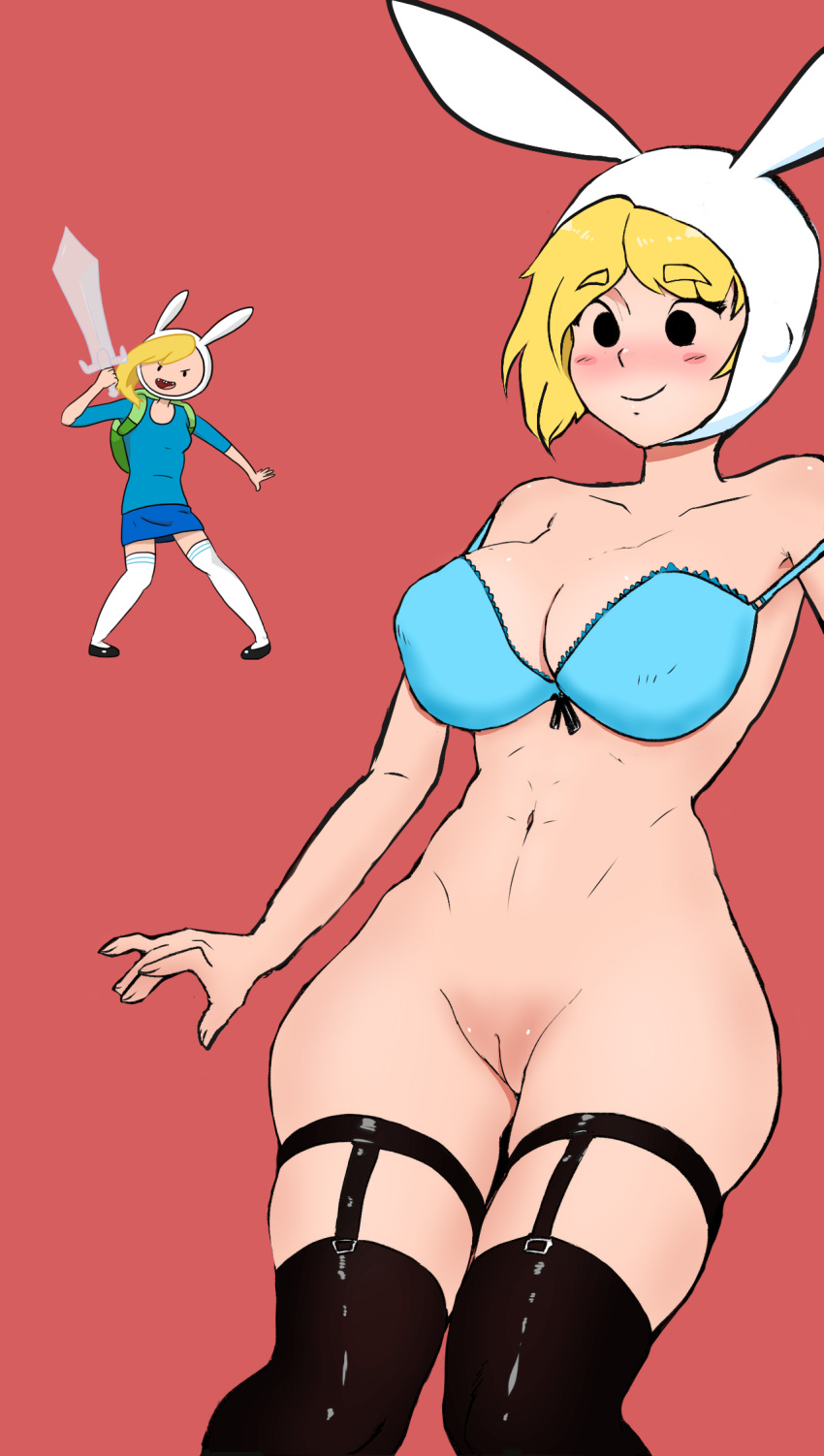 adventure_time backpack bag black_eyes blonde_hair blue_bra blue_shirt blue_skirt blush bottomless bra breasts eyebrows_visible_through_hair female finn_the_human fionna_the_human_girl highres holding holding_sword holding_weapon human large_breasts medium_breasts moonlsu navel no_panties pussy red_background rule_63 shirt skirt socks solo strong_woman sword tight underwear weapon