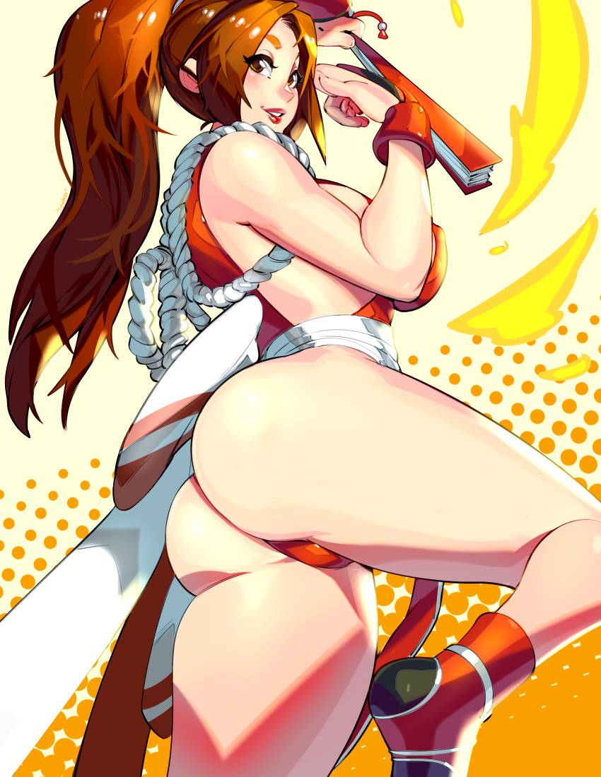 1girls absurd_res ass brown_eyes brown_hair female female_only hi_res king_of_fighters long_hair looking_at_viewer mai_shiranui smile snk solo thick_thighs thighs xdtopsu01