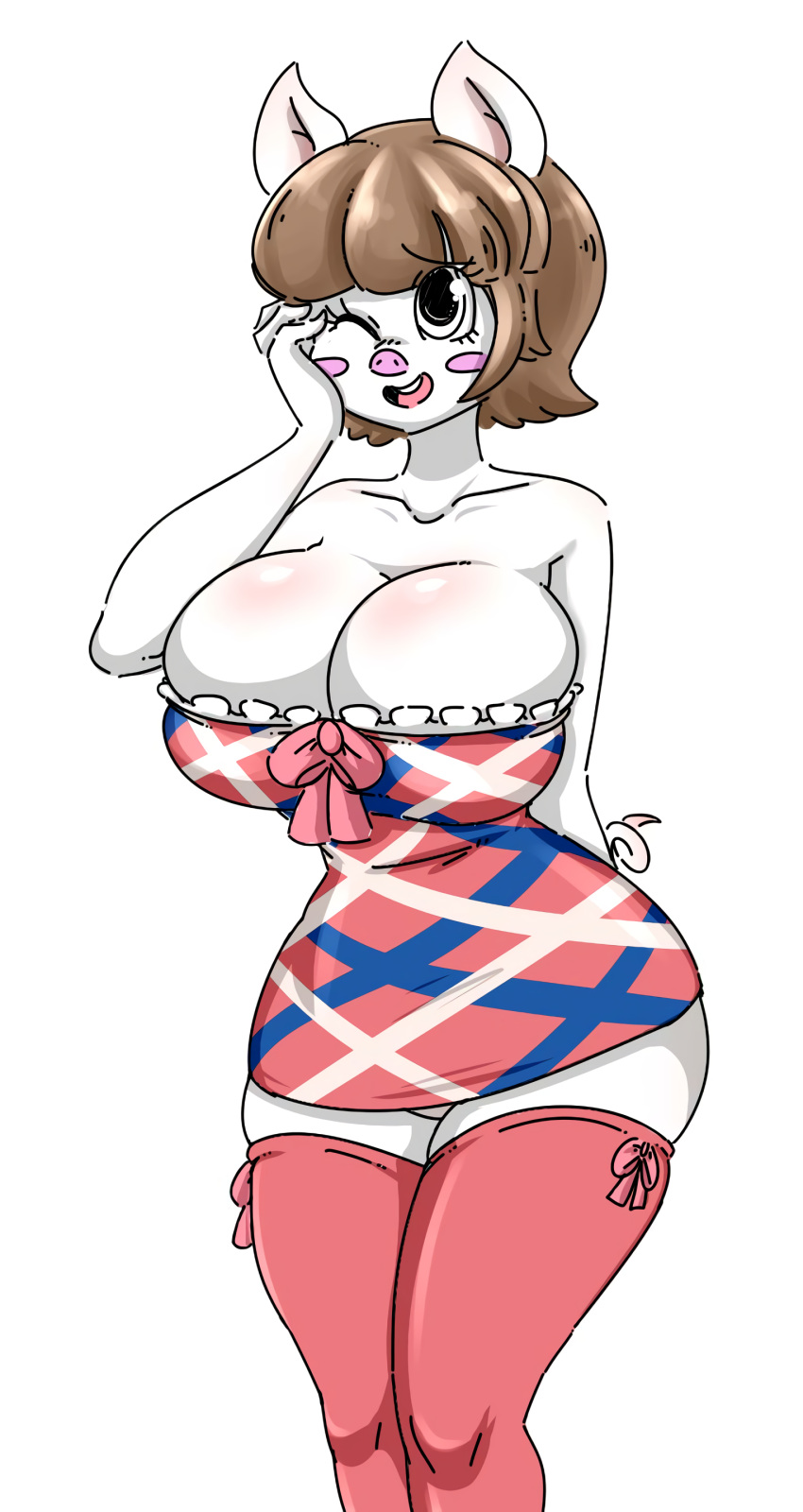 animal_crossing anthro breasts female fur huge_breasts jayonic legwear lucy_(animal_crossing) nintendo one_eye_closed pig thick_thighs video_games wide_hips