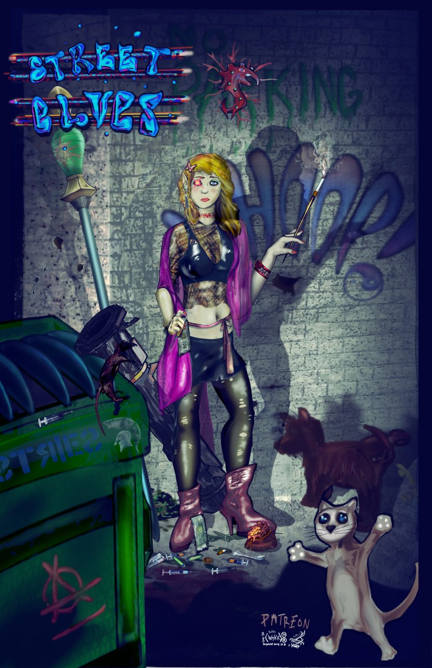 1girls alley back_alley blush cyberpunk drug_use elf elf_ears elf_female hair_ornament mesh_shirt money no_sex pointy_ears pweathermk sfw shadowrun solo solo_female